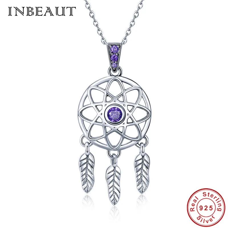 

INBEAUT Trendy Dream Net Pendants Necklaces Genuine 925 Sterling Silver Purple Zircon Stone Feather Beads Necklace for Women