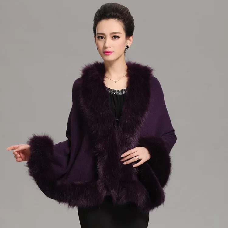 

Autumn Winter Women's Long Cardigans Fake Fox Fur Collar Cashmere Sweaters Shawl Knitted Cardigan Poncho Cape Big Yards Q6-55F