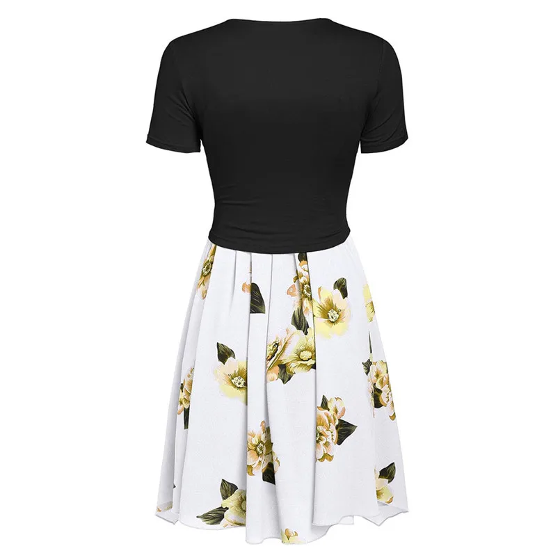 New Fashion Women Summer Short Sleeve Front Cross Cross Top Floral Print Mini Dress Elegant Ladies Casual Party Vestidos #4R09   (24)
