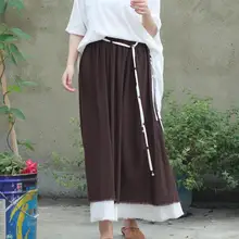 Новинка, плиссированная юбка из хлопка и льна контрастного цвета, летняя повседневная винтажная однотонная женская юбка длиной до щиколотки на шнуровке