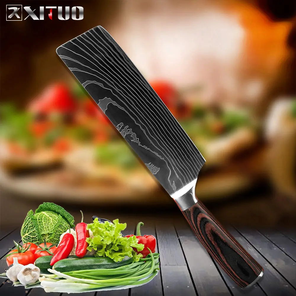 XITUO" 8" " 5" 3," дюймов Набор ножей шеф-повара для нарезки овощей хлеба Santoku ножи для очистки овощей 6 шт. кухонный нож Мясник инструменты дерево - Цвет: 7 in cleaver knife