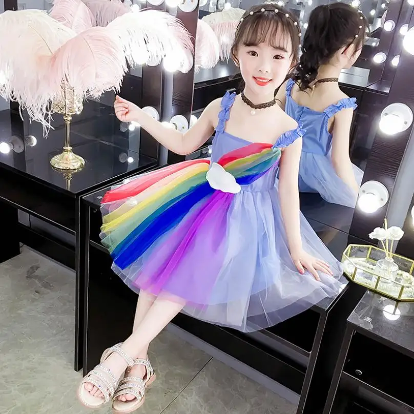 Платье для маленьких девочек новое летнее Радужное Сетчатое Детское Платье милое платье без рукавов на бретельках детская одежда Modis vestidos Y1351