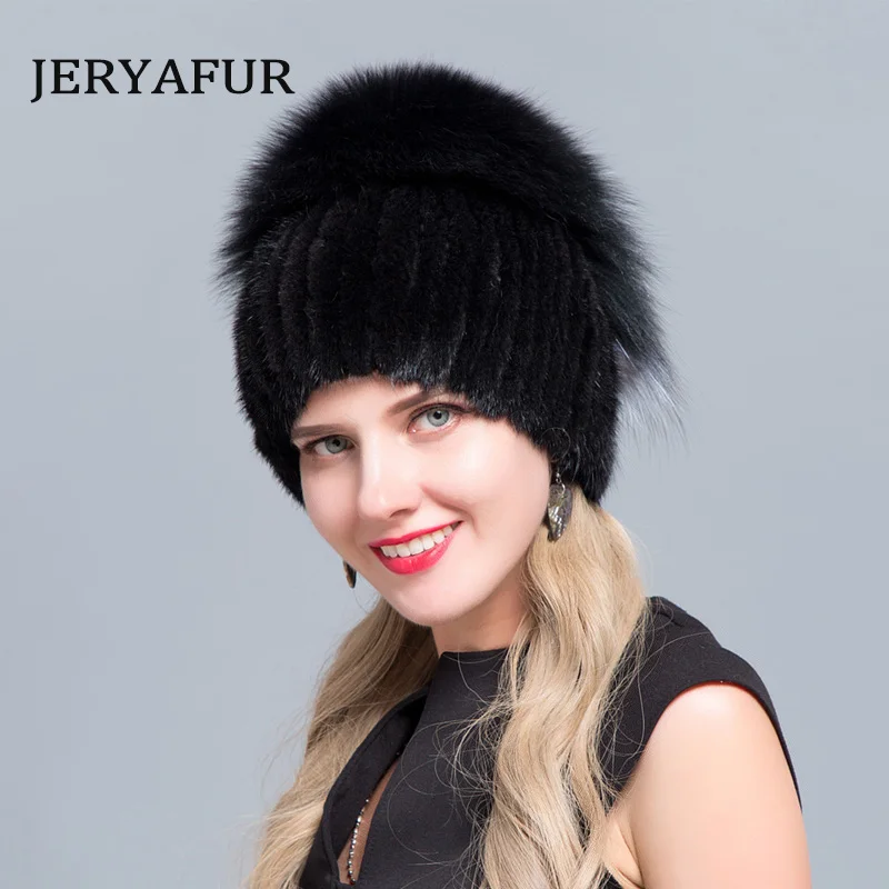 Лидер продаж шапка JERYAFUR из натурального черного меха норки лисы вязаная русская