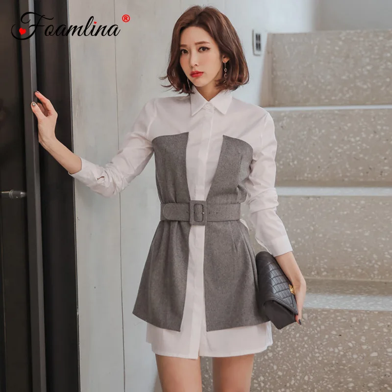 

Foamlina 2019 Spring Fashion Women Shirt Dress Korean OL Work Wear Dress Long Sleeve Patchwork Belted Casual Female Short Dress