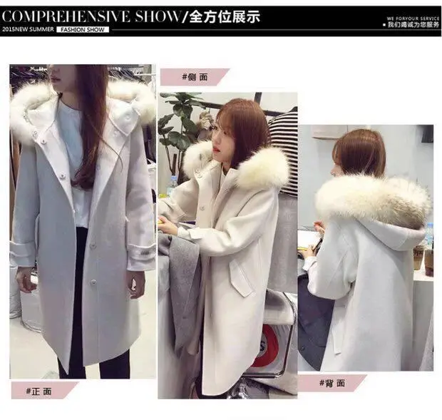 Осень и зима новые корейские женские свободные толстые с капюшоном меховой воротник и длинные секции шерстяное пальто куртка TB18909