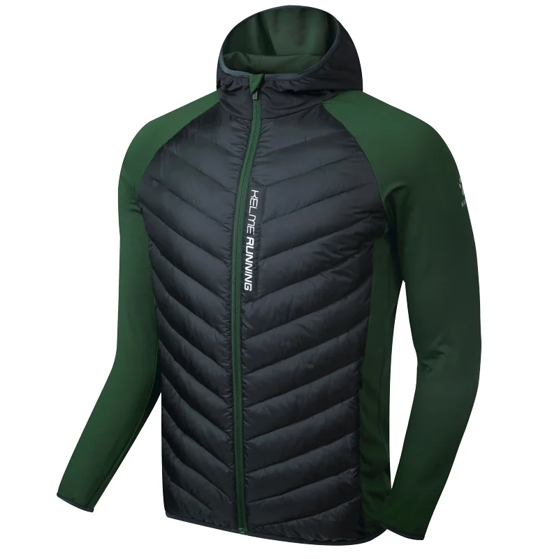 

Kelme K16R6004 Men Long Sleeve Splicing Hooded Windproof Keep Warm Cotton Sport Running Imitation Down Jacket Black Dark Green