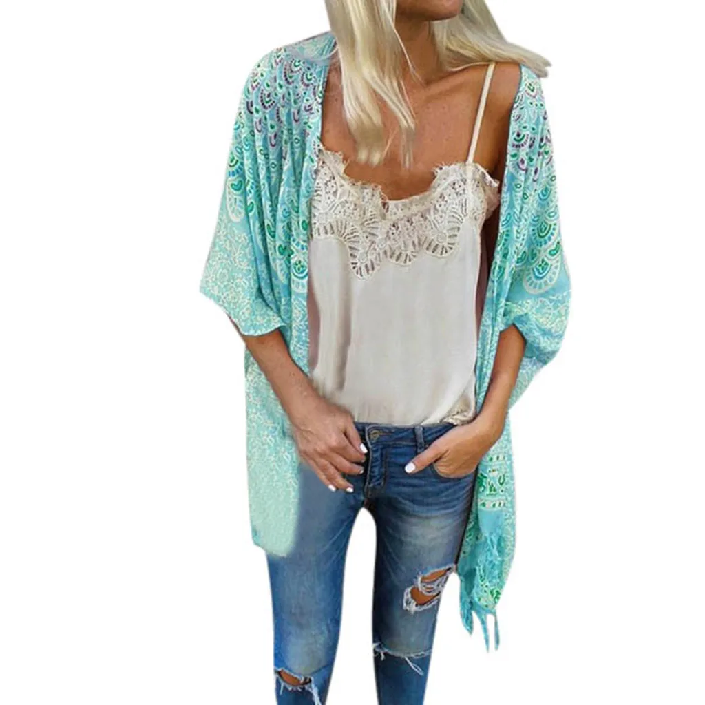 Womail Boho Vintage Women Floral Loose Shawl Kimono Cardigan Chiffon Solid Coat Jacket Blouse Loose fit silhouette Top W30507