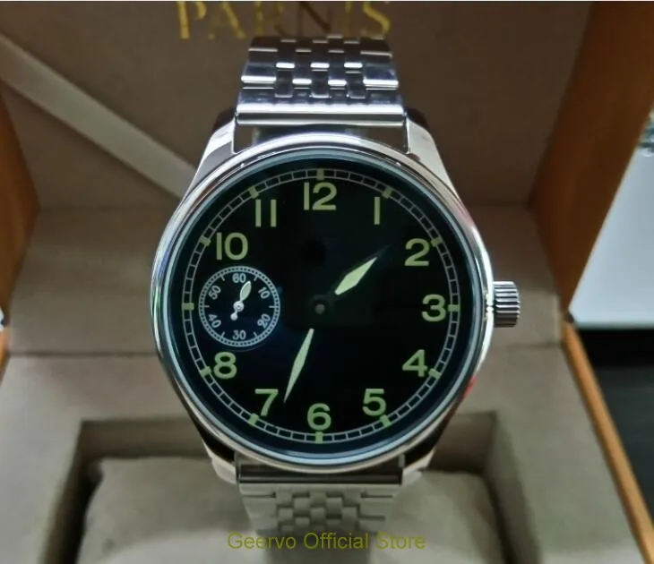 

44mm GEERVO black dial Asian 6497 17 jewels Mechanical Hand Wind movement men's watch green luminous Mechanical watches 01