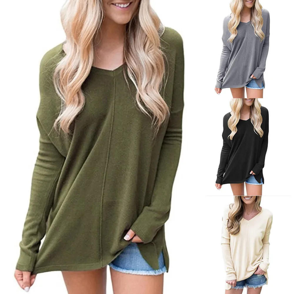 

Elegance and simplicity Fashionable Women V Neck Long Sleeve Solid Sweater Bottom Loose Shirt Casual Top Pullover Gift