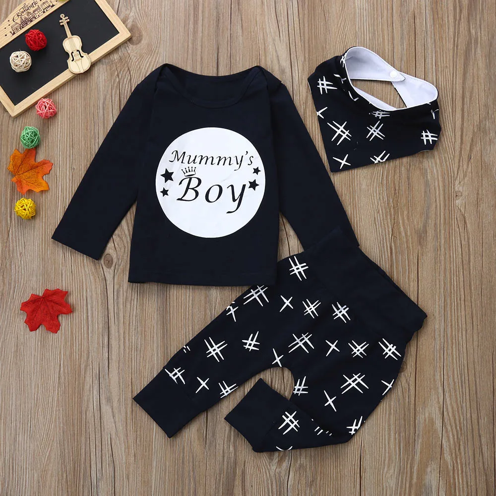 

3pcs Toddler Baby Boys Letter Print Tops Black White Striped Pants Bibs Sets Infant Kid Autumn Winter Fashion Casual Outfit Sets