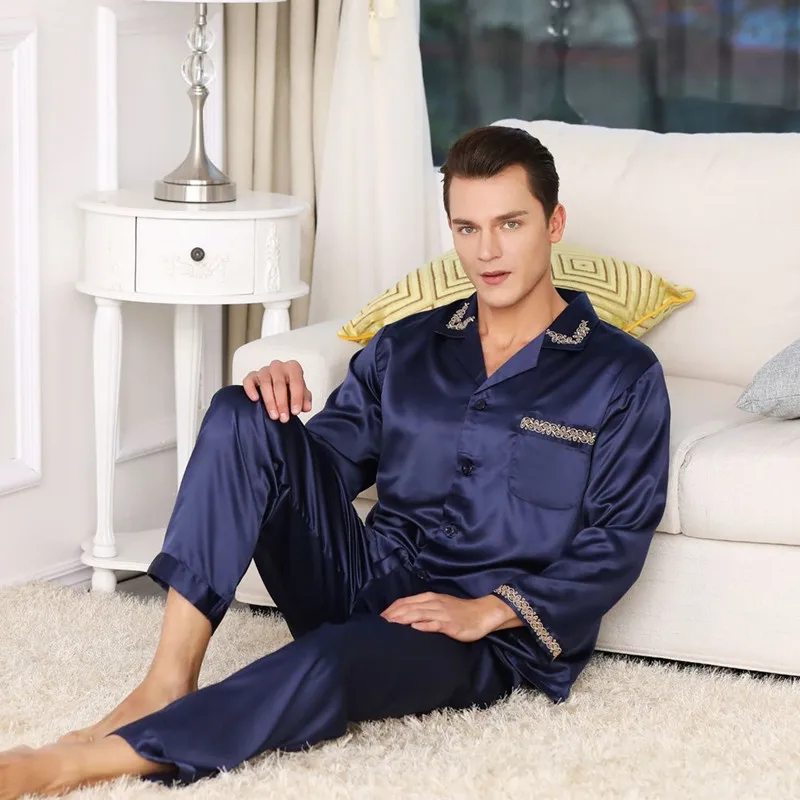 

2019 Hot Sale Mens Silk Satin Pajama Set Luxury Long Sleeve Nightwear Suit Print pajamas Home Service Mens Clothes Big Size XXXL