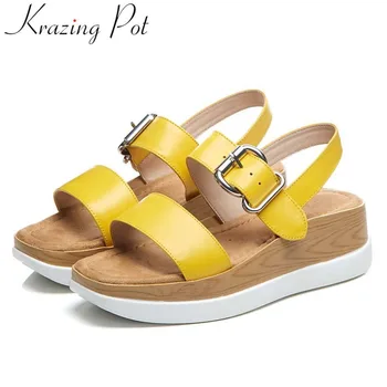 

Krazing Pot natural leather gladiator shoes med bottom platform buckle strap peep square toe simple style vintage sandals L65