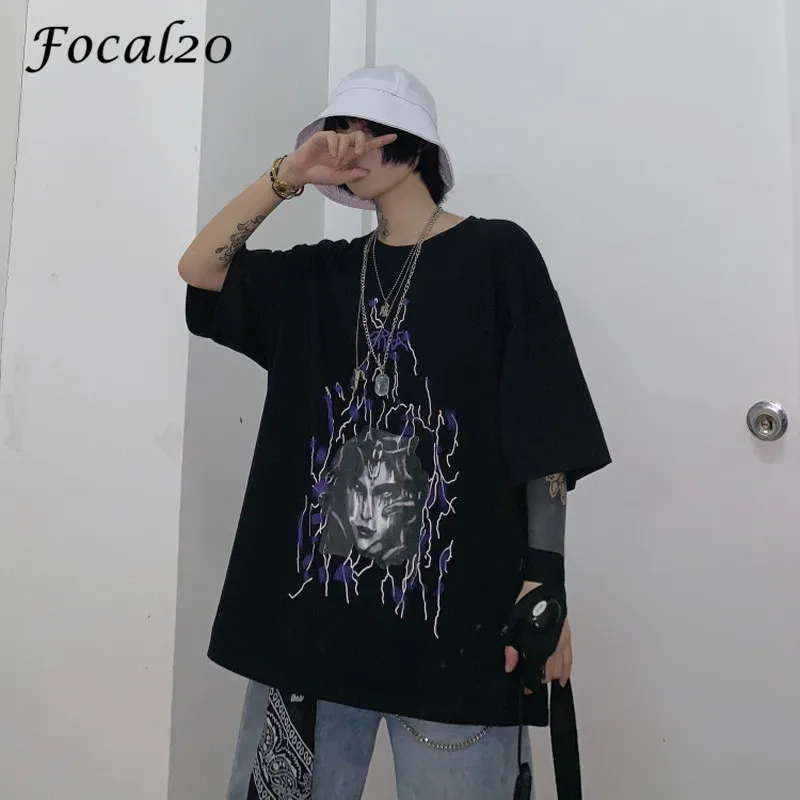 

Focal20 Harajuku Dark Lightning Face Print Female T Shirts Top Tees Crew Neck Short Sleeve Summer Spring Women T-shirts T Shirt