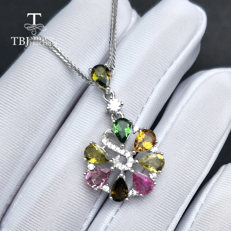 

TBJ,New colorful flower pendant with natural tourmaline gemstone necklace in 925 sterling silver romantic jewelry gift for women