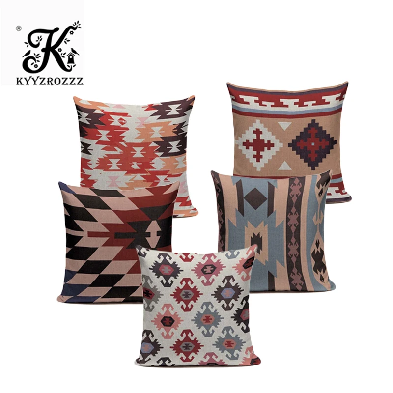 

High-end digital print blue red Turkish ethnic kilim diamond pattern pillow case cushion cover for sofa home decoration throw