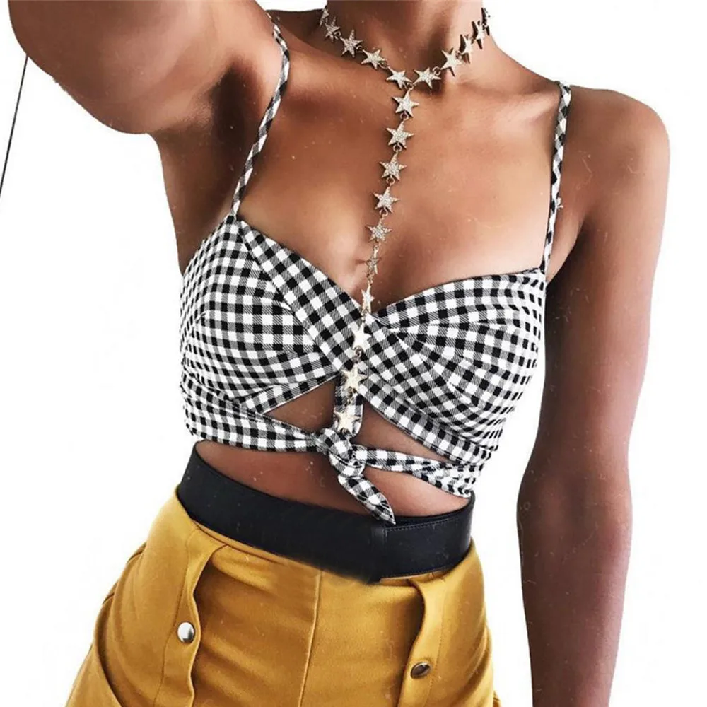 Buy Fashion Plaid Tank Sexy Women Bow Knot Spaghetti