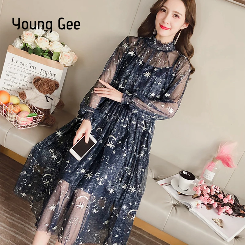 

Young Gee Women Spring Autumn Sexy Sheer O-Neck Lace Dress Embroidery Starry Sky Sweet Party Flare Skater With Lining Dresses