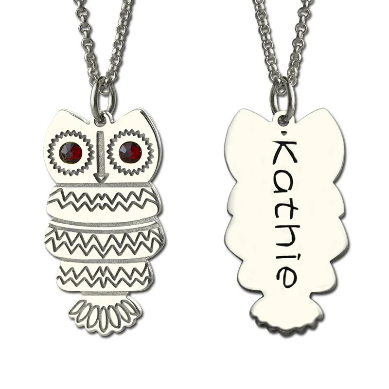 Owl font b Necklace b font with Back Engraving Silver Personalized Name font b Necklace b