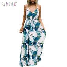 2018 Women Boho Long Dress Ladies Turquoise Tropical Print Maxi Dress Sexy Spaghetti Strap V Neck Summer Beach Dresses Vestidos stylish cami tropical print women s maxi dress