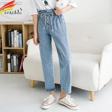 Джинсы с высокой эластичной резинкой на талии женские Весна Лето Новое поступление корейский стиль женские свободные синие джинсы с карманами Джинсы Mujer