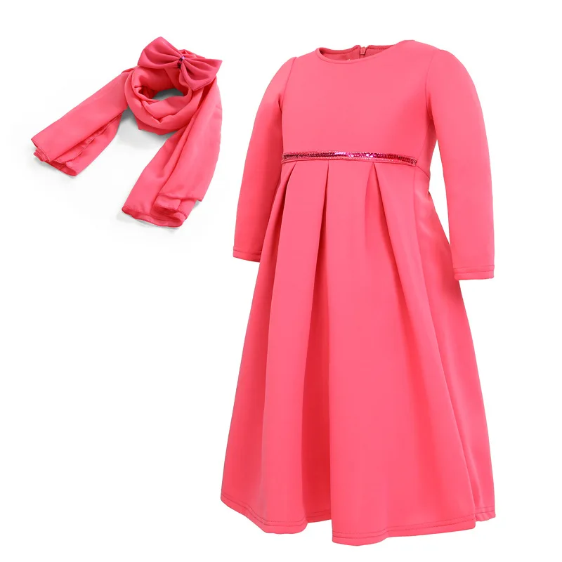 Middle East Hui girl long-sleeved Muslim set dress + headscarf two-piece set of solid Arabic children's  princess