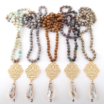 

Fashion Bohemian Jewelry Semi Precious Stones Long Knotted Metall Grid Links Crystal Drop Necklaces For Women Ethnic Necklace