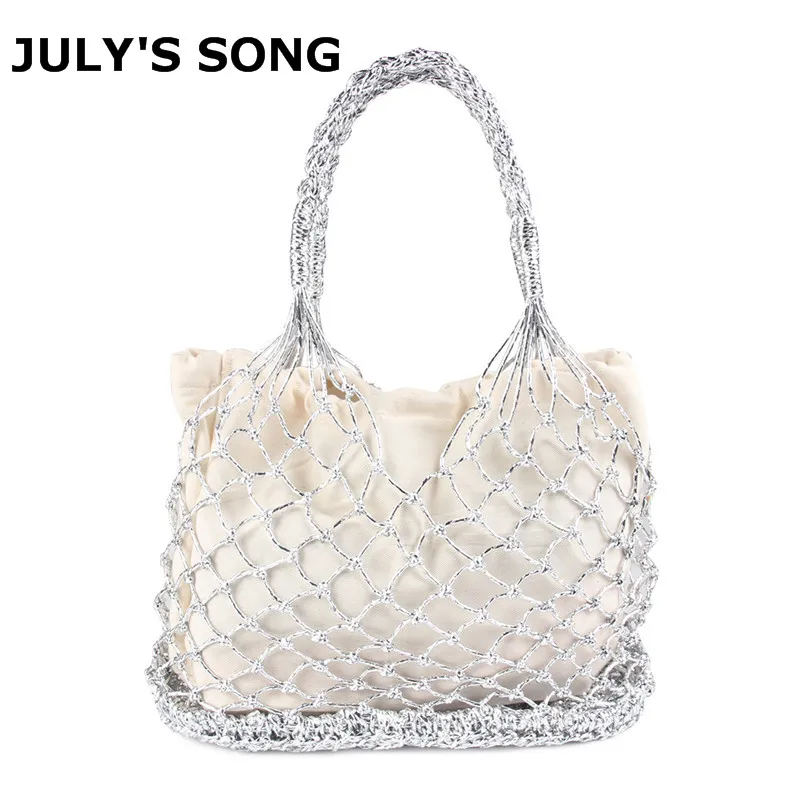 JULY'S SONG Gold Silver Bright Paper Ropes Bag Hollow Woven Drawstring Bag Female Straw