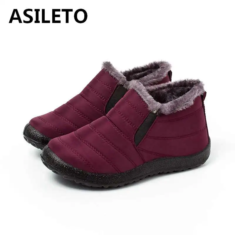 

ASILETO size 35-45 winter ankle boots for women wedge low heels warm plush slip on snow boots waterproof cloth casual footwear