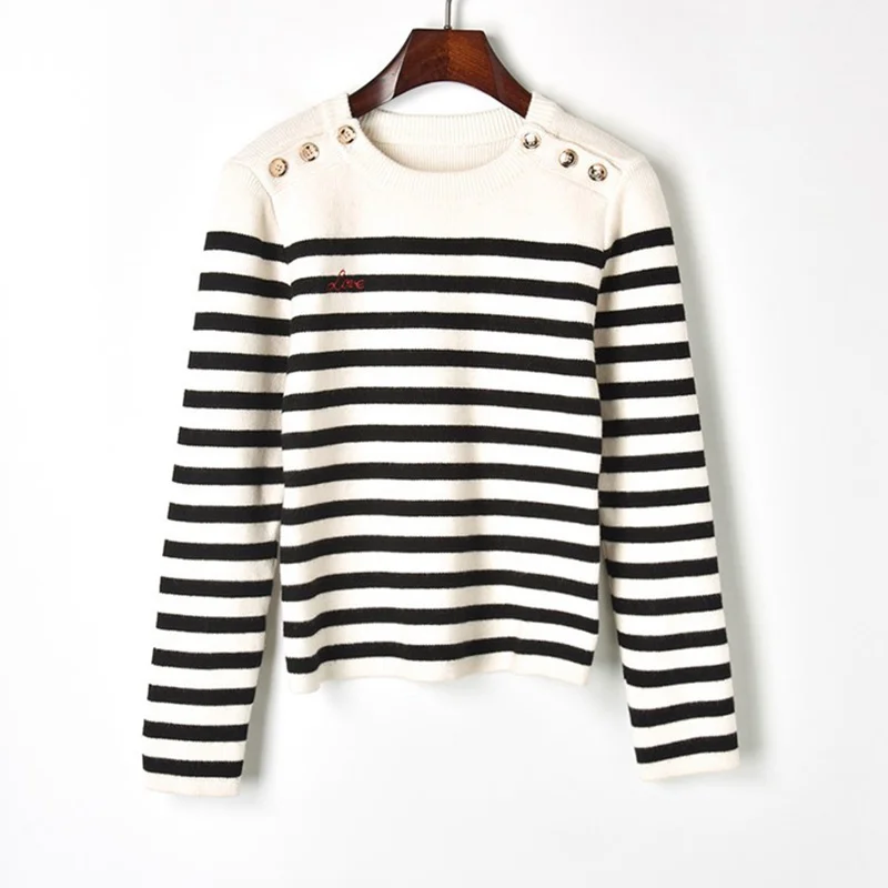

Winter Sweater Women Wool Pullover Block Stripe Jersey Knitted Sweaters Shoulder Buttons Runway Jumper pull christmas sweater
