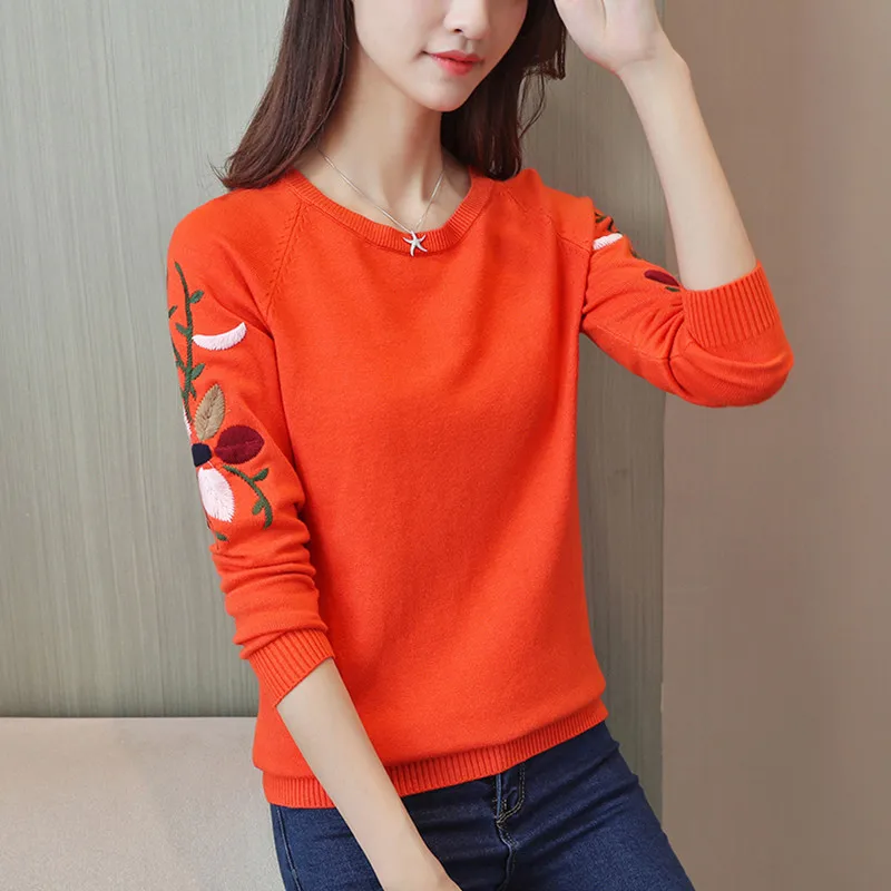 

2019 Autumn Winter Knitted Sweater Women O-neck Embroidery Long Sleeve Knit Pullovers Female Fashion Solid Color Top Pull Femme