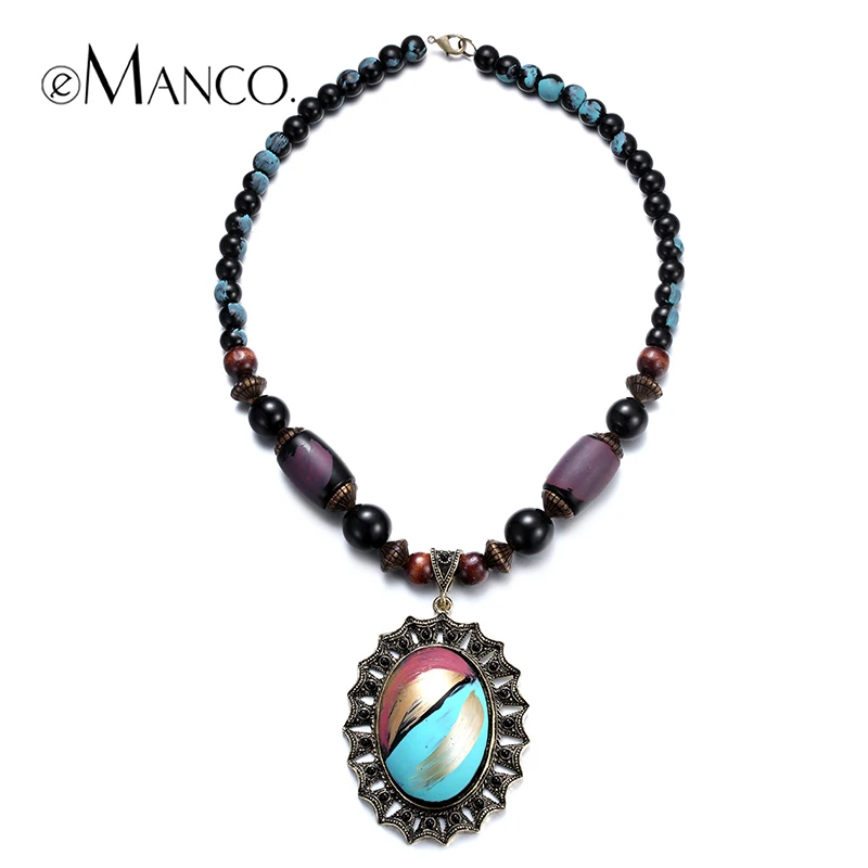 

eManco Geometric pendant multicolor resin necklace retro style wooden bead necklace trendy summer jewelry 2018 NL13347