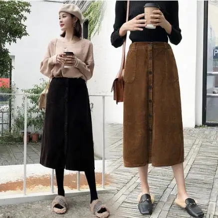 

Burgundy,Black,Brown,Dark Grey Corduroy Skirts Korean Fashion Women High Waist Package Hip Vintage Skirt Pockets S-XXL LJ115