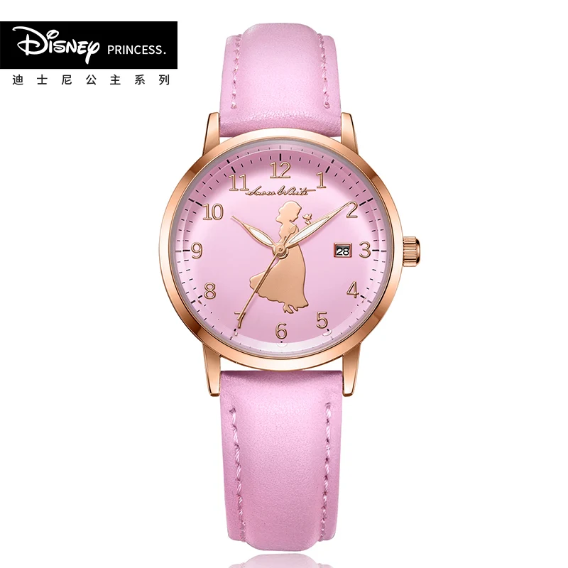Disney официальный подлинный Белоснежка womenTop бренд кожа srtap Роскошные повседневные часы женские наручные часы Relogio Feminino подарок - Цвет: big pink
