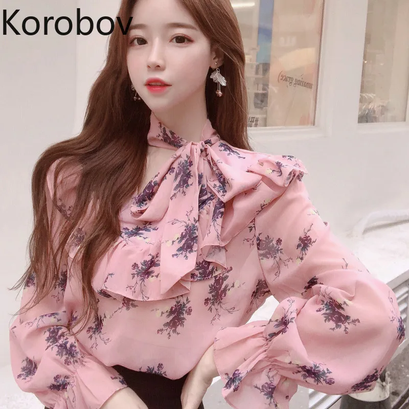 

Korobov Women Blouse Korean Fresh Flower Printed Shirts Flare Long Sleeve V-Neck Female Blusas Ruffles Lacing Pink Shirt 77072