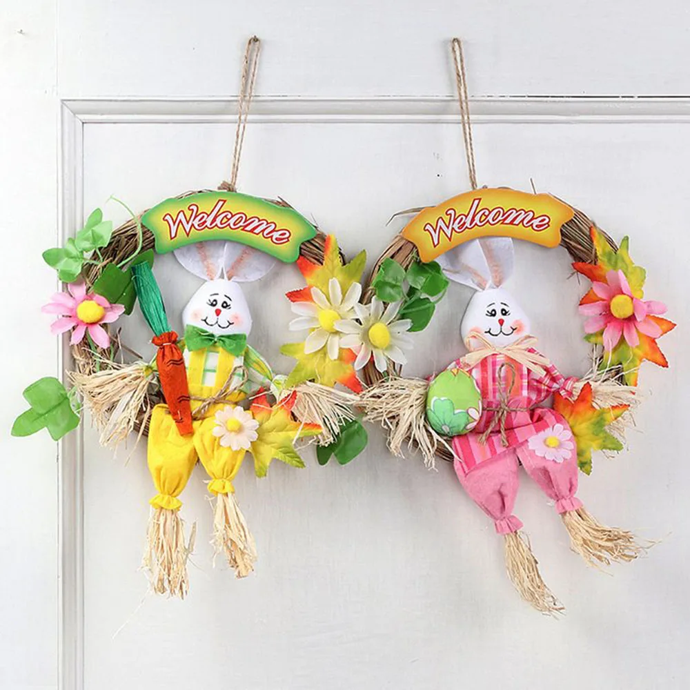 

Creative Straw Garland Cute Easter Rabbit Door Hanging Wreath Home Wall Window Garden Easter Party Decor Ornament Accessory