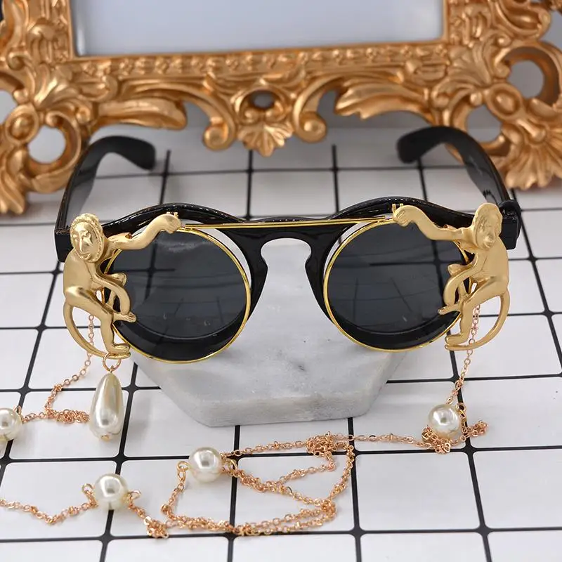Горячая Мода ретро круглые обезьянки металлические цепочки украшения барокко Солнцезащитные очки для женщин модные дизайнерские раскладушки крутые очки