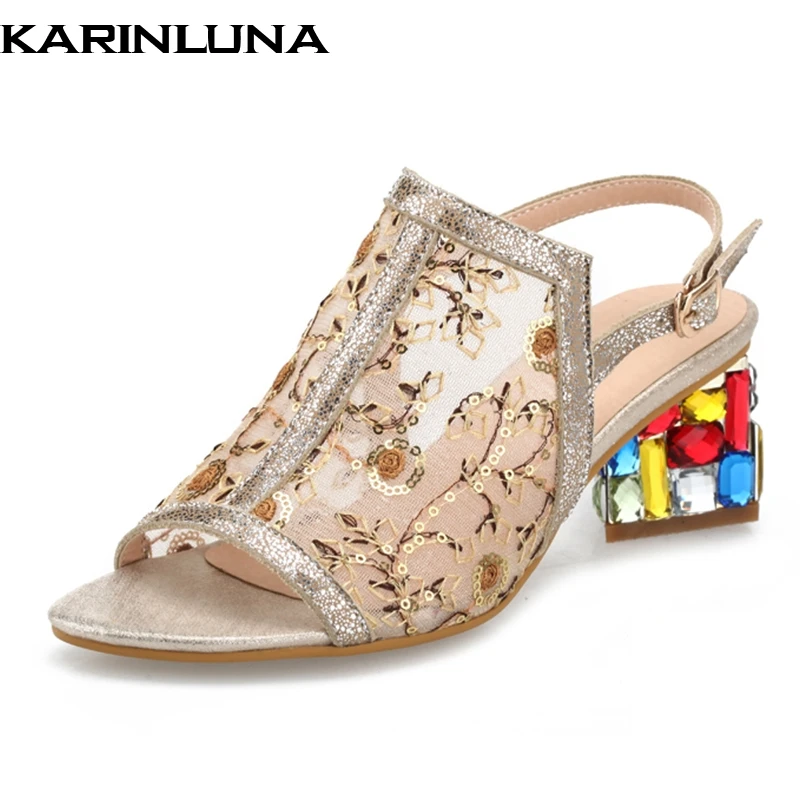 

KarinLuna New Fashion Air Mesh Lace Sandals High Heels Summer peep toe Genuine Leather Sandals Women Party shoes woman