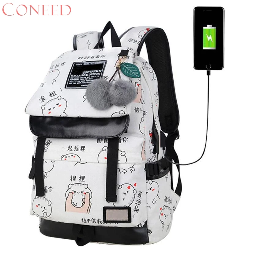 

CONEED School Bag fashion letters printing backpack usb bag for laptop women travel bags Oct19