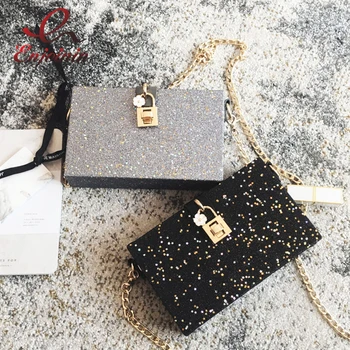 

New star sequins bling bling box shape party women's clutch bag chain purse shoulder bag female crossbody mini messenger bag