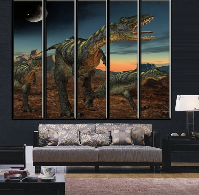 

5 Pieces (No Frame) Dinosaur In The Moonlight Modern Animal Oil Painting Wall Pictures For Children Kids Living Room Wall Decor