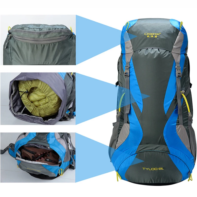 60l الخارجية إطار تسلق حقيبة السفر للماء مادة البوليستر للجنسين الظهر للتخييم التنزه في الهواء مع غطاء المطر