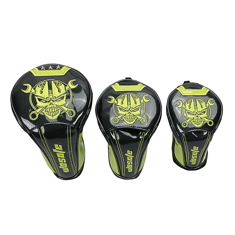 NEW Golf Club Headcovers 1# Driver 3# 5# Wood # Hybrid Cover black PU Leather with green Skull embroidery Head Covers NEW Golf Club Headcovers 1# Driver 3# 5# Wood # Hybrid Cover black PU Leather with green Skull embroidery Head Covers