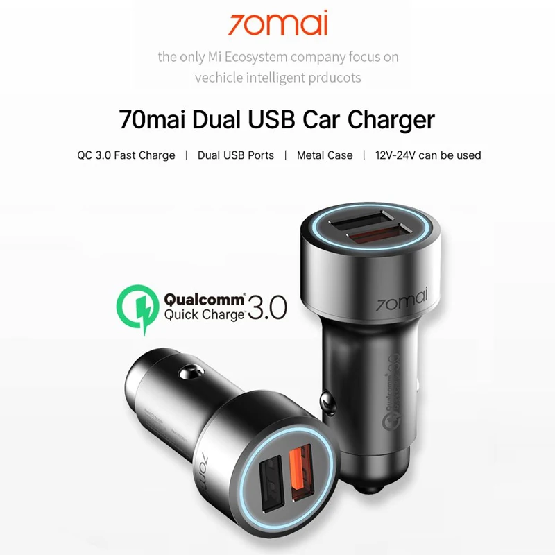 70mai usb aux QC3.0 Быстрая зарядка двойной USB Автомобильное зарядное устройство 70 mai usb 12 v-24 v Автомобильное зарядное устройство Android iOS для iPhone