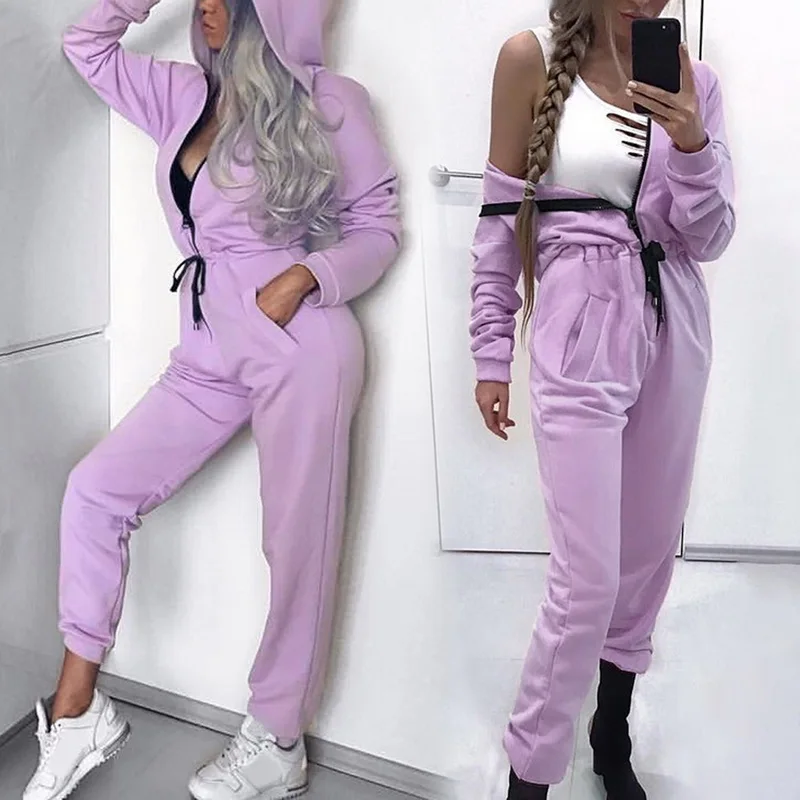 

Fashion Winter Spring Hoodies Jumpsuit Women tracksuit Running Sport One Piece Sport Suit Zipper Solid Hooded Sportswear