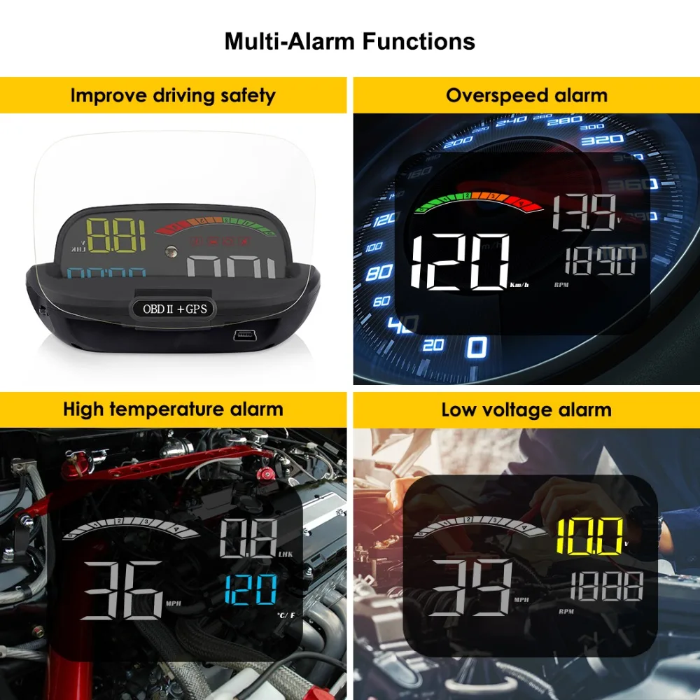 Автомобильный HUD Дисплей автомобильный Hud Дисплей 2 в 1 gps OBD2 скорость проектор Цифровой gps Спидометр бортовой компьютер охранная сигнализация Hud HD