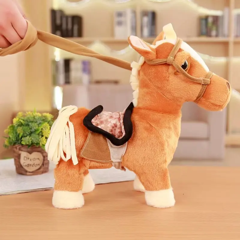 30 cm Электрический плюшевая игрушка лошадь может ходить и петь техники пони электронный лошадка с куклой детский подарок на день рождения - Цвет: light brown