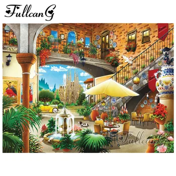 

FULLCANG full square/round drill diy diamond painting "fountain restaurant landscape" 5d rhinestone embroidery kits decor FC187