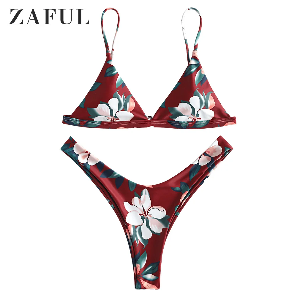 ZAFUL Leaf Print Набор для бикини с глубоким вырезом и Тонкий-бретельками Свободный мягкий купальник Пуловер Повседневный пляжный купальник Бикини - Цвет: Red Wine