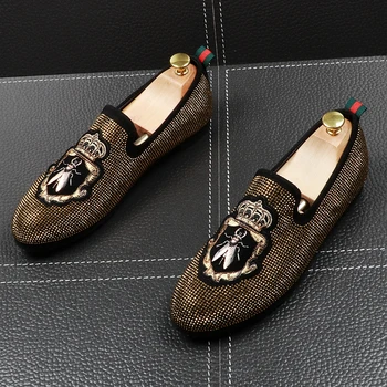 

men fashion party nightclub wear breathable cow leather rhinestone shoes slip on embroidery lazy shoe teenager rivets loafers