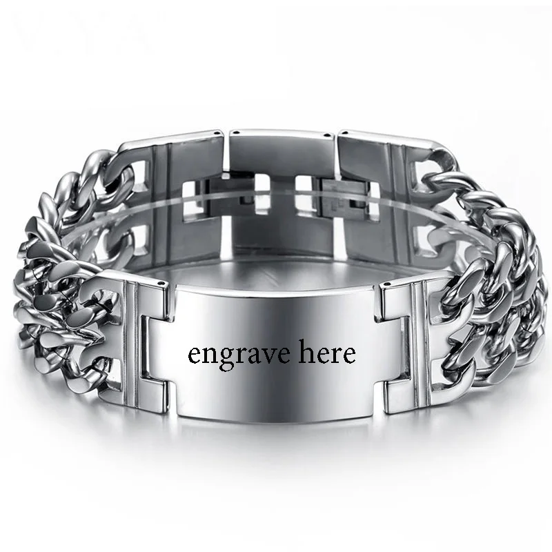 V. YA широкий браслет цепочка браслеты для мужчин мальчик панк нержавеющая сталь персонализированное выгравированное название ID уникальные браслеты браслет для мужчин - Окраска металла: DIY engrave